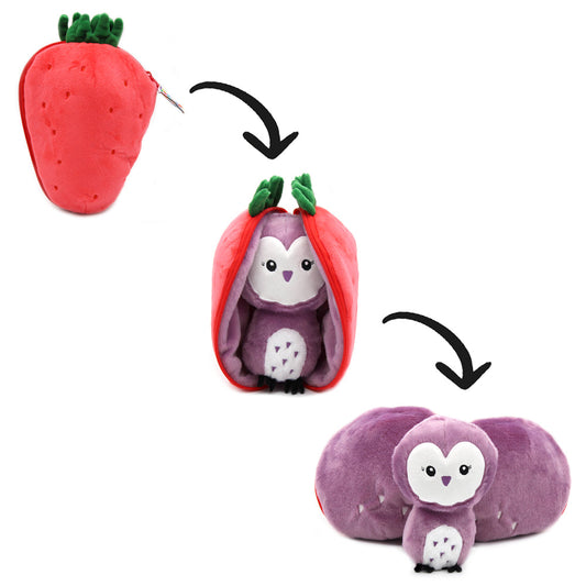 Plush strawberry pouch with purple owl face and owlet detail, plus standing owl plush