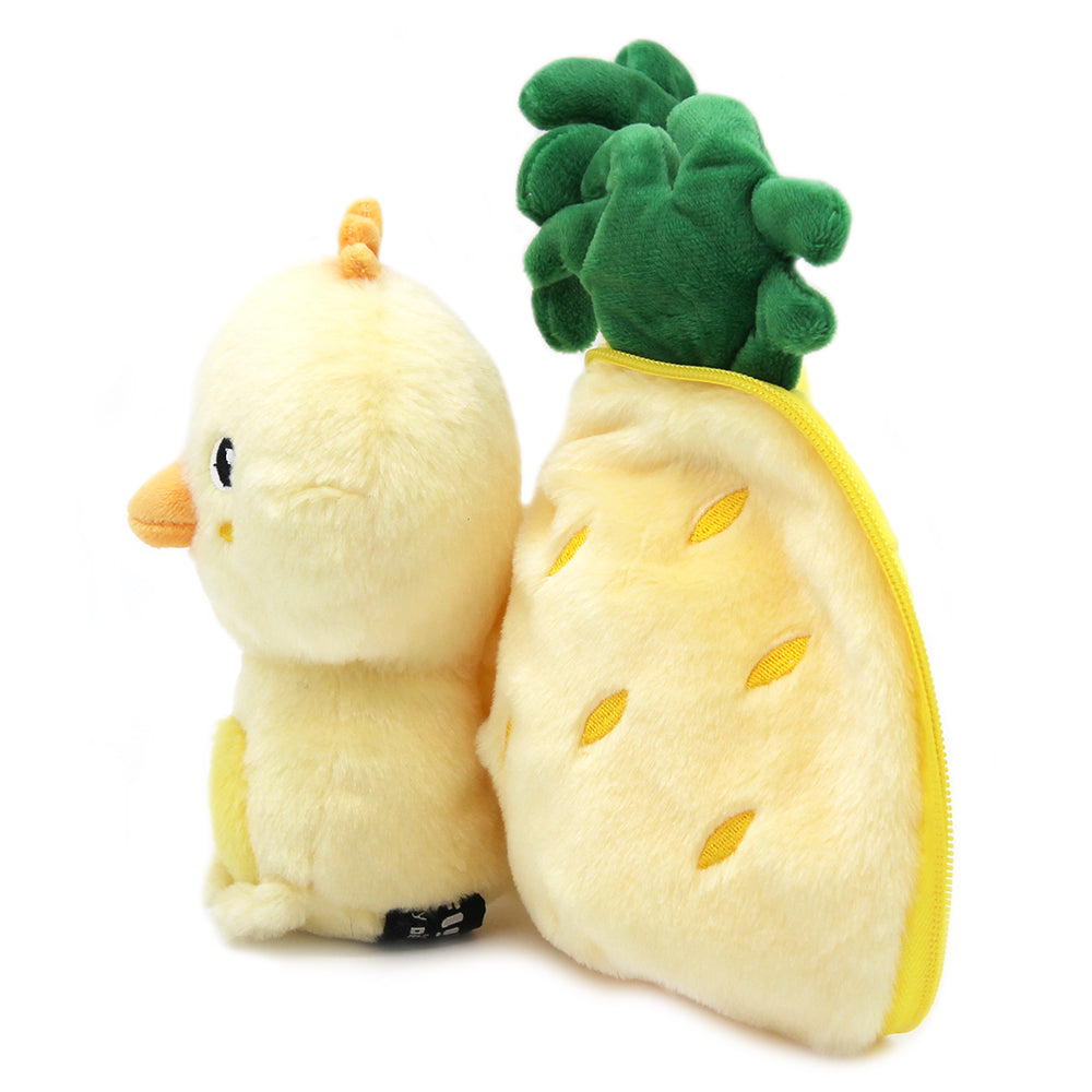 Chick plush companion with pineapple plush flip pouch, yellow body and green leaves