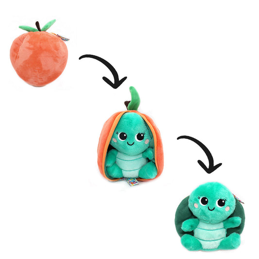 Peach orange flip-top plush turtle pouch with smiling green turtle character inside