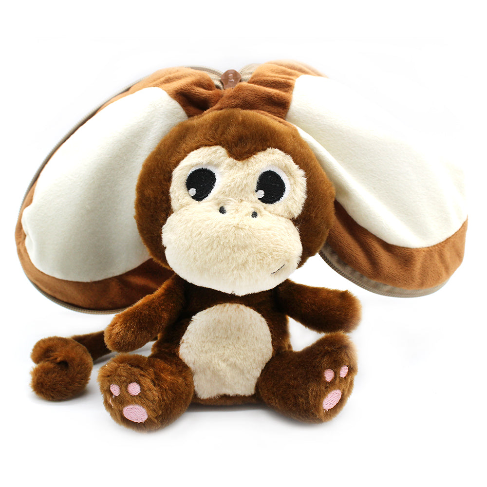 Brown plush monkey toy with white coconut-shell hood and big eyes