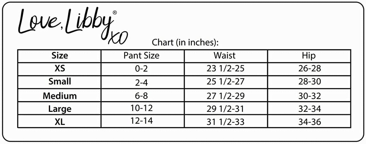 Love, Libby XO panty size chart with waist and hip measurements.