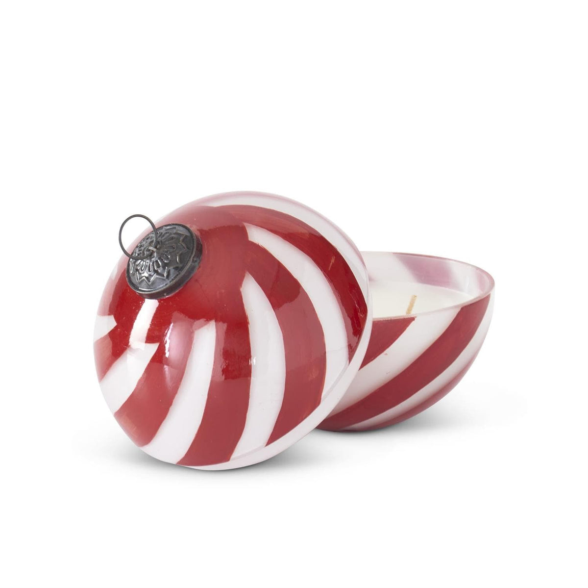 5 INCH RED & WHITE STRIPED FILLED ORNAMENT CANDLES (2 SCENTS)
