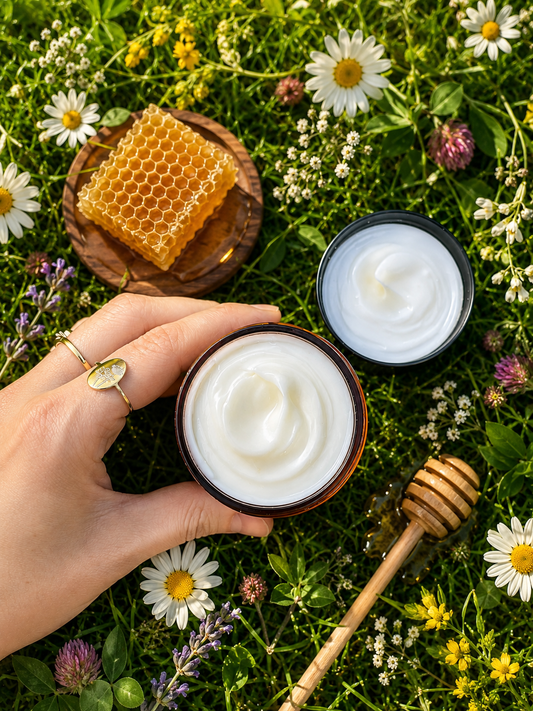 Tallow honey balm jars with white cream, plus honeycomb and honey dipper