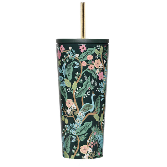 Rifle Paper 24 oz cold cup with gold straw and colorful peacock and floral print