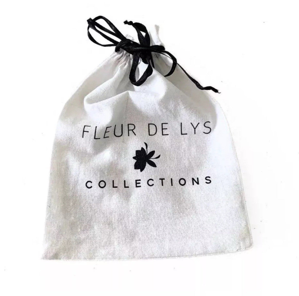White drawstring jewelry pouch with black ribbon, FLEUR DE LYS COLLECTIONS print