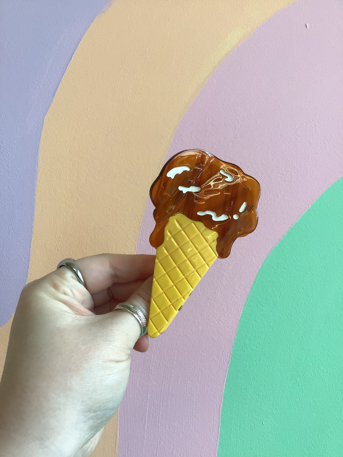 Chocolate ice cream hair claw with yellow quilted cone and gold accents