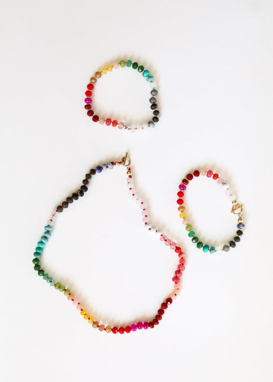 Rainbow multi-color gemstone beaded necklace with gold toggle clasp