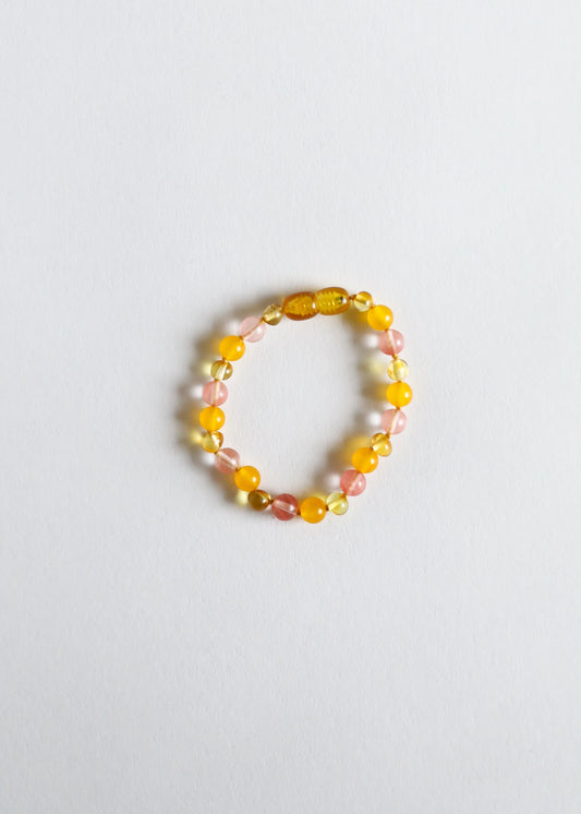 Honey amber and pink beaded bracelet/anklet with gold-toned spacer beads