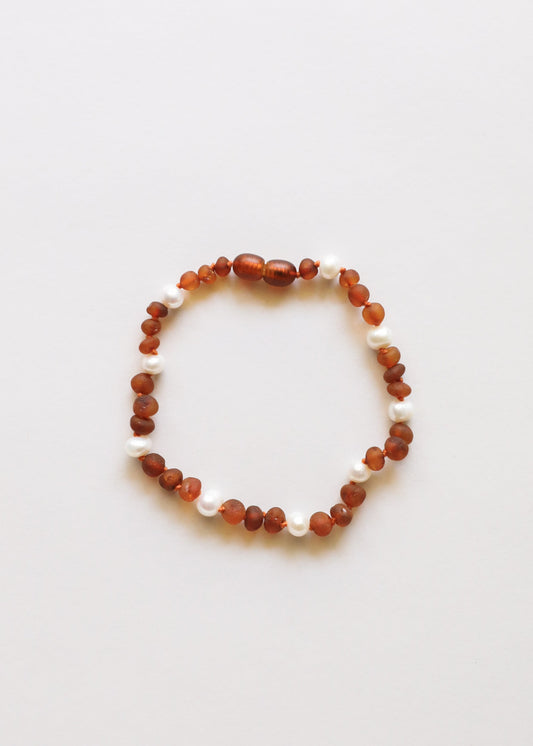 Cognac amber bead bracelet/anklet with small white pearls along the strand