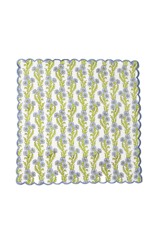 Scallop-edged blockprint embroidered napkin with blue and green floral vertical pattern