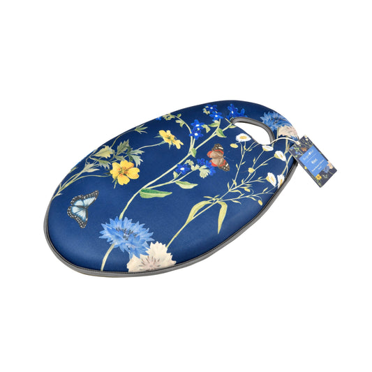 Garden kneeler pad with blue meadow floral print, rounded side view and handle opening