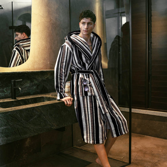 Unisex striped hooded cotton bathrobe with belt tie, black and white vertical stripes