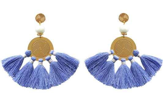 Pair of blue tassel earrings with gold disc, white beads, and fan-shaped fringe