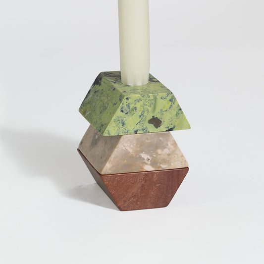 Stackable triangular candelabra with green middle piece and tall candle