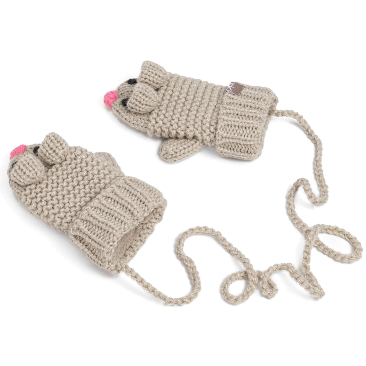 Oat beige mouse-face knit mittens with ribbed cuffs and long connecting cord