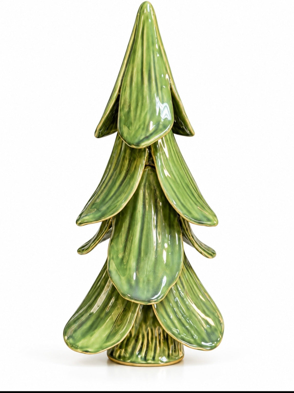 Glossy green ceramic stoneware tree decor with layered, curved branches