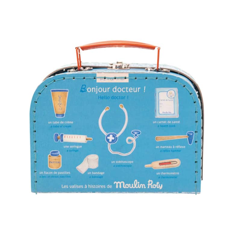 Moulin Roty doctor-themed suitcase back with blue medical illustrations and orange handle