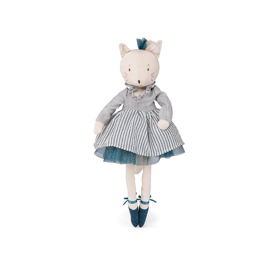 Cat doll with cream face, striped dance dress, gray jacket, teal shoes and socks