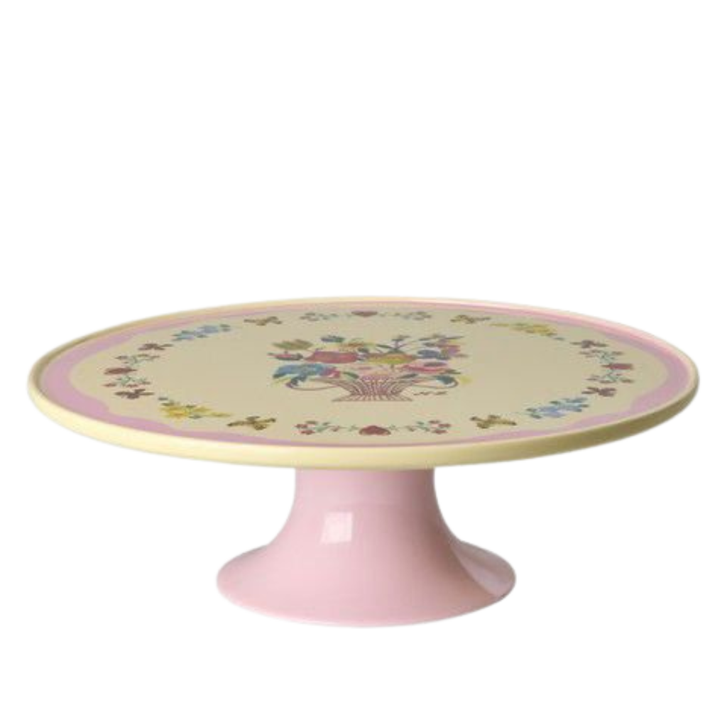 Low pink melamine cake stand with circular floral print top and pedestal base