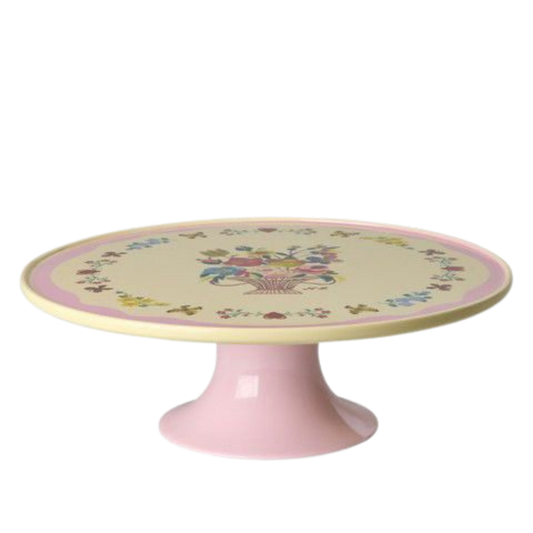 Low pink melamine cake stand with circular floral print top and pedestal base