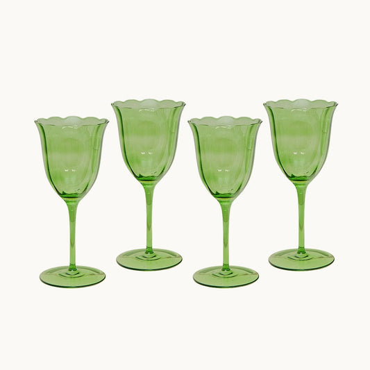 Set of 4 handblown green water glasses with flared rims and round bases