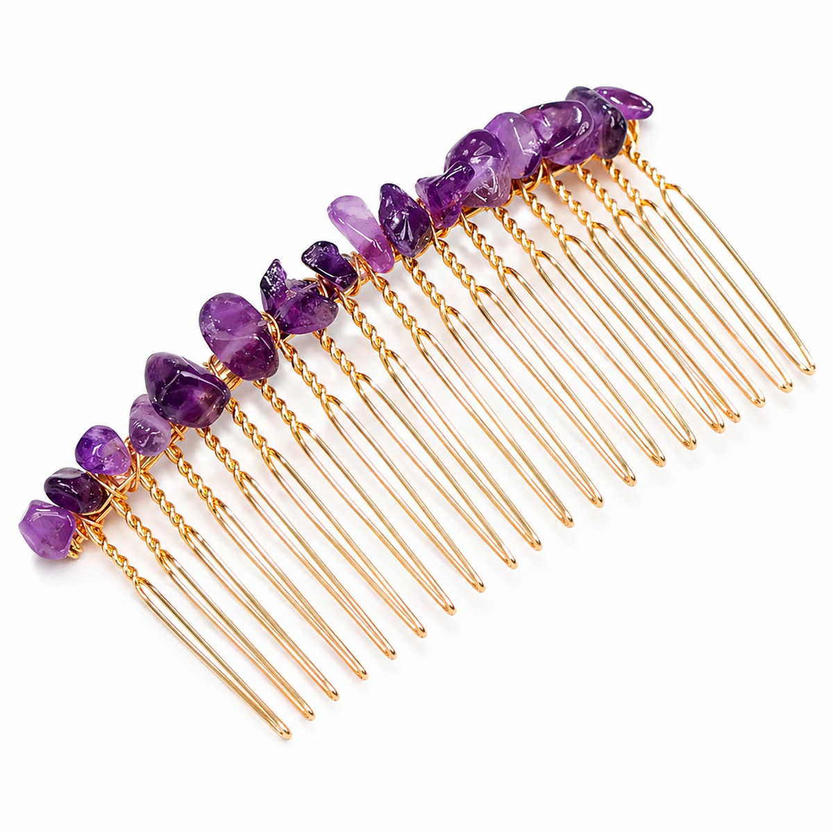 Amethyst hair comb with irregular purple stones and gold-tone teeth