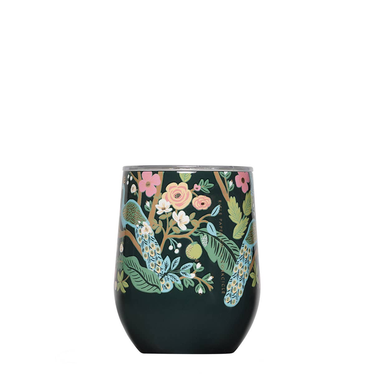 12oz stemless tumbler with peacock, roses, and leaves print on dark background