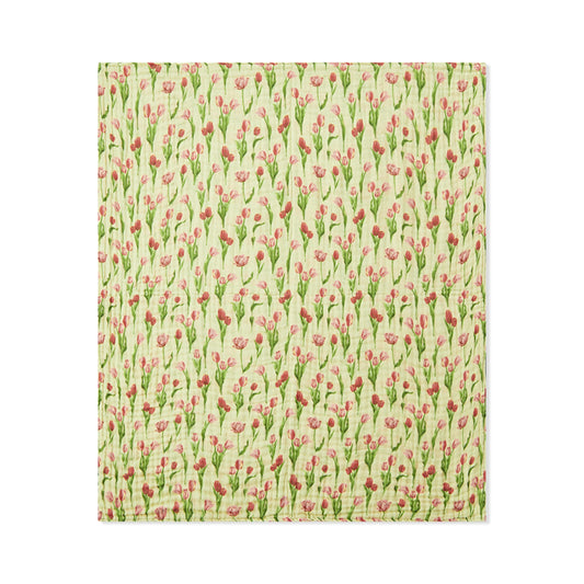 Beach and swim towel with tulip print and gathered top edge, light green and pink-red
