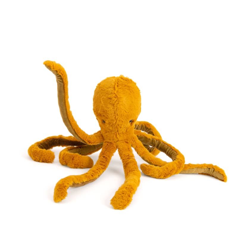 Medium octopus plush toy by Moulin Roty, golden yellow stretched tentacles