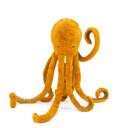 Large golden plush octopus stuffed animal with long tentacles and button eyes