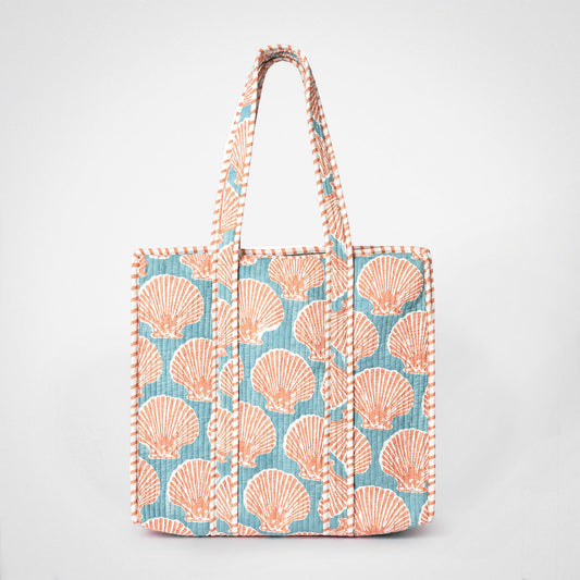 Orange and teal shell print tote bag with sturdy handles and open top pocket