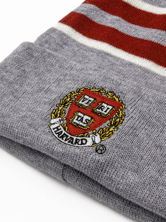 Harvard University beanie cuff with embroidered shield crest and red and white stripes
