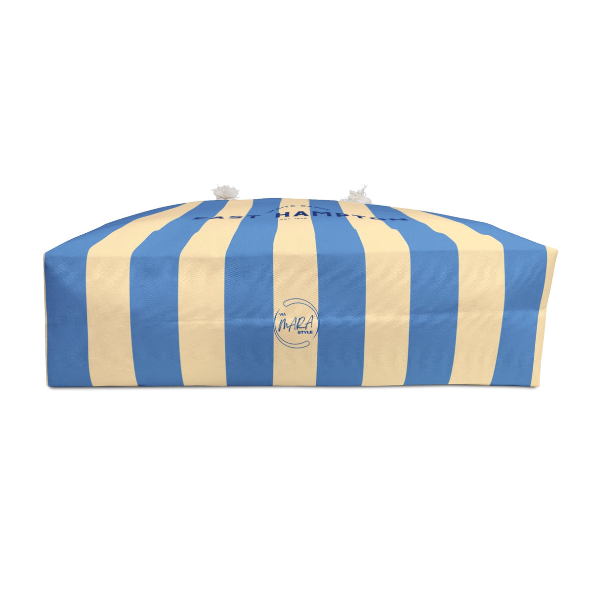 Blue and beige striped tote bag shown folded with matching top cover