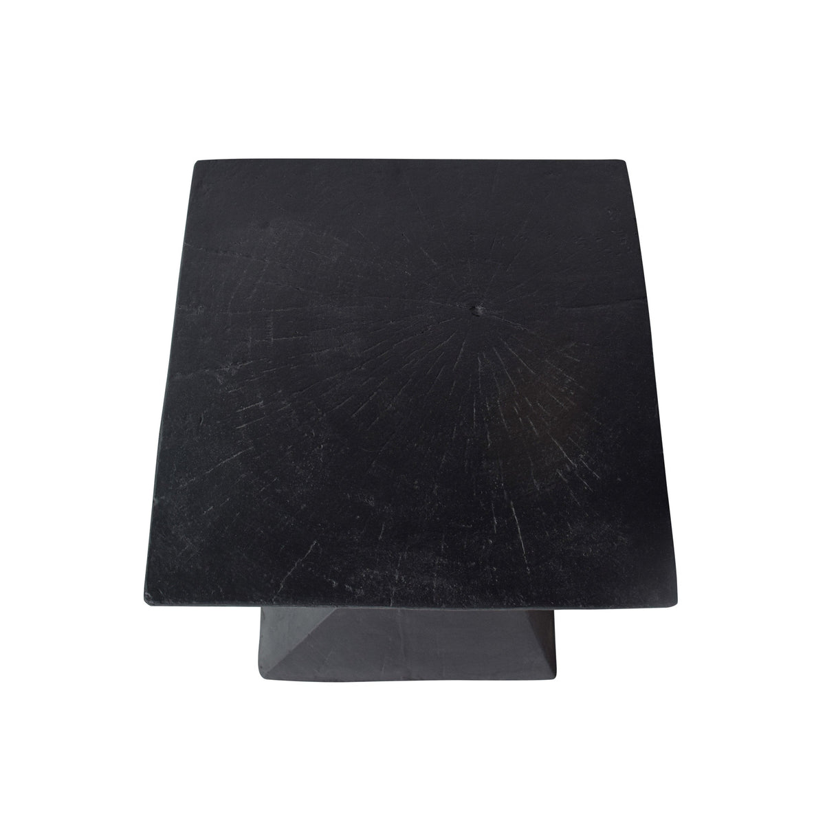 Top view of the black side table's square surface and compact base
