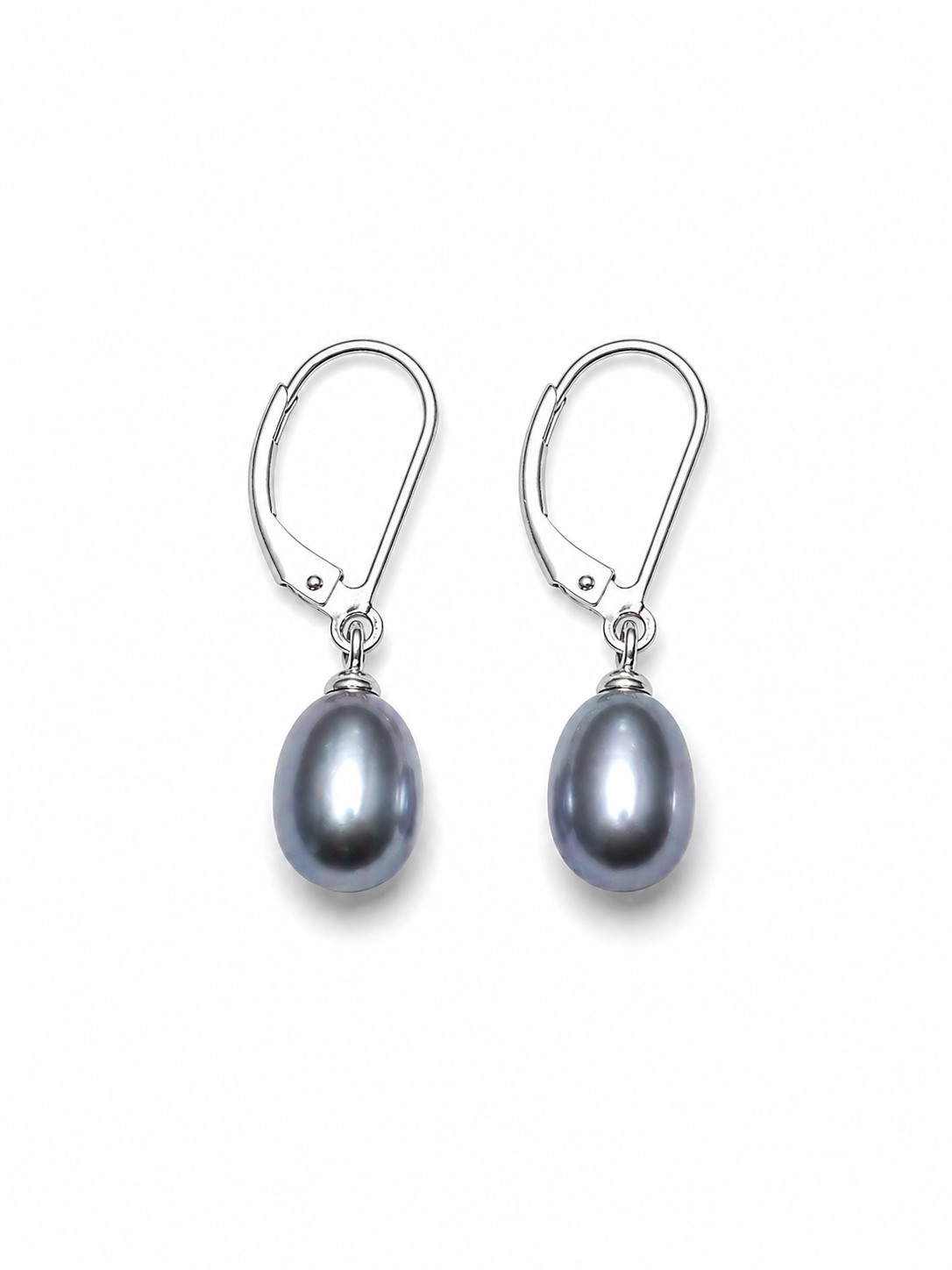 Sterling silver drop earrings with blue-gray pearls and leverback clasps
