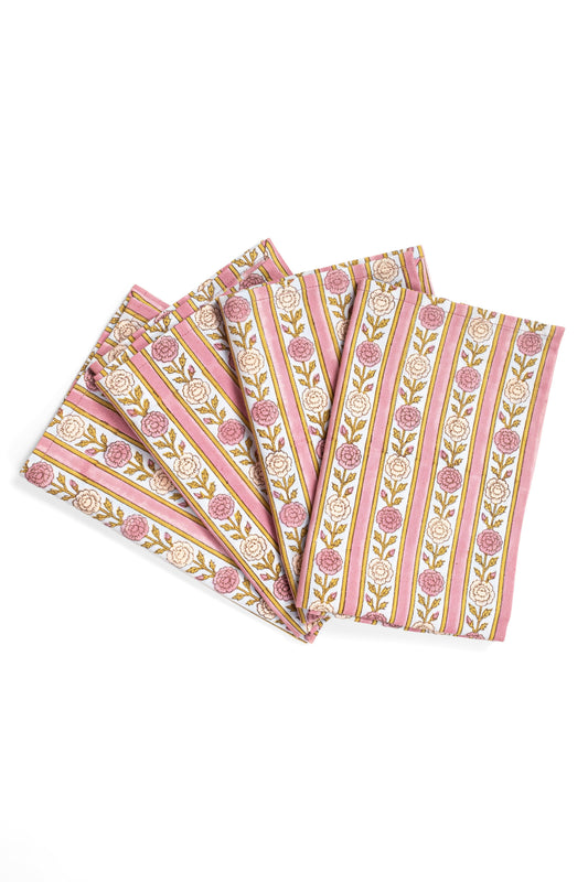 Set of 4 vintage floral stripe napkins in pink and cream with fan-fold arrangement
