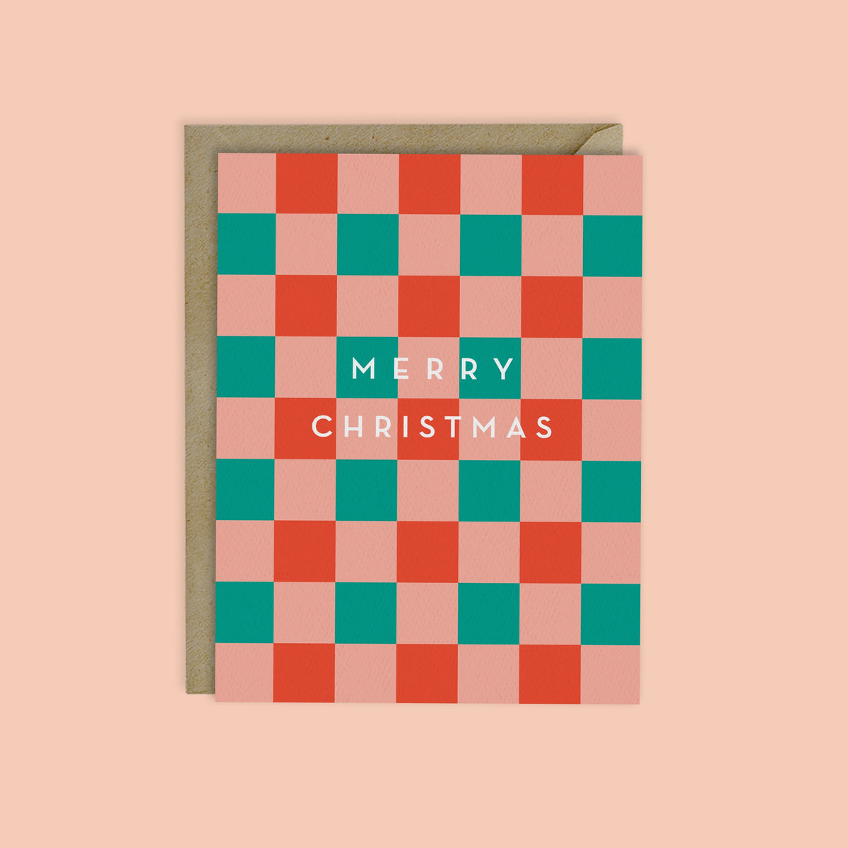 Checkerboard Christmas card with 'Merry Christmas' in teal text over red and green blocks