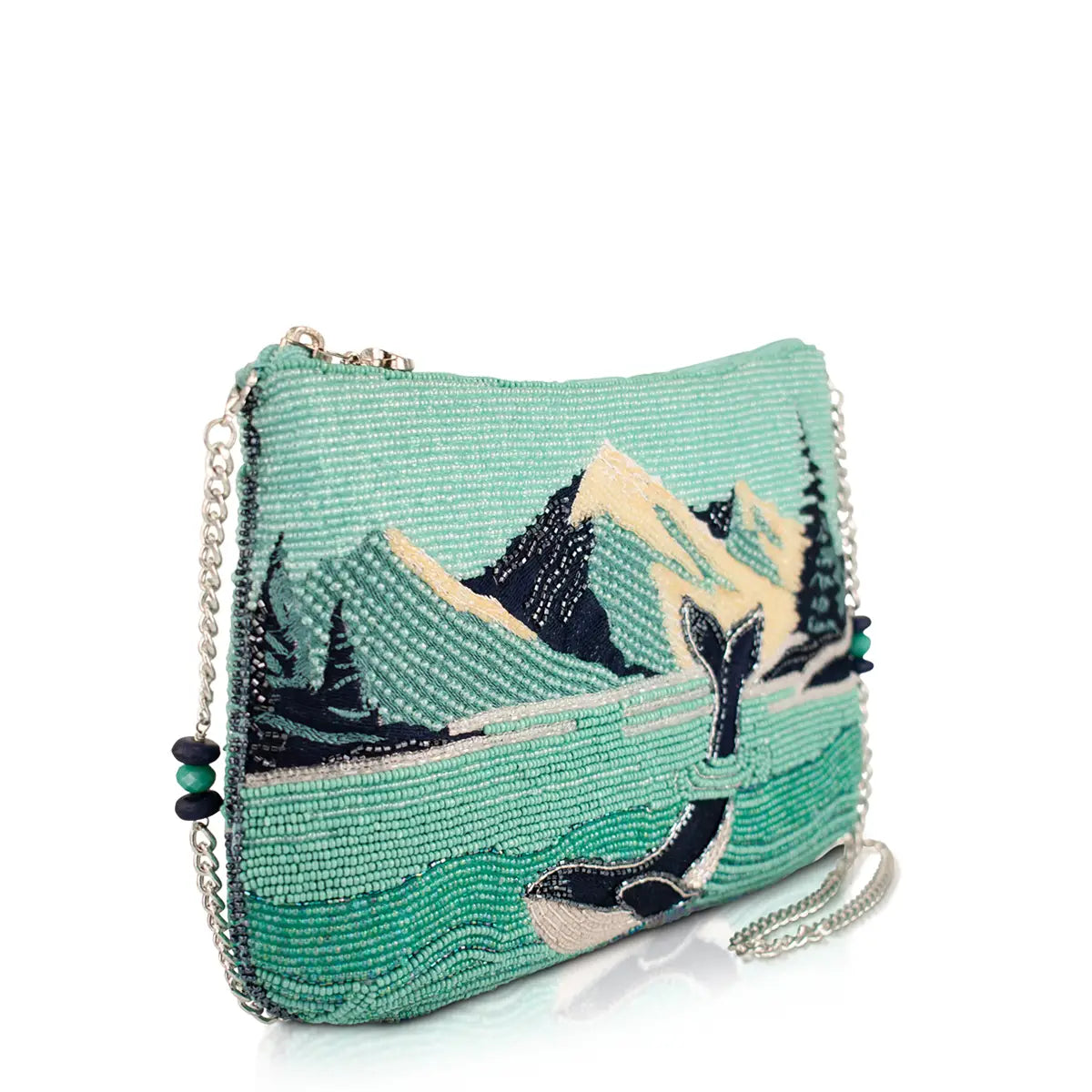Turquoise beaded handbag with zip top, chain strap, whale and pine landscape applique