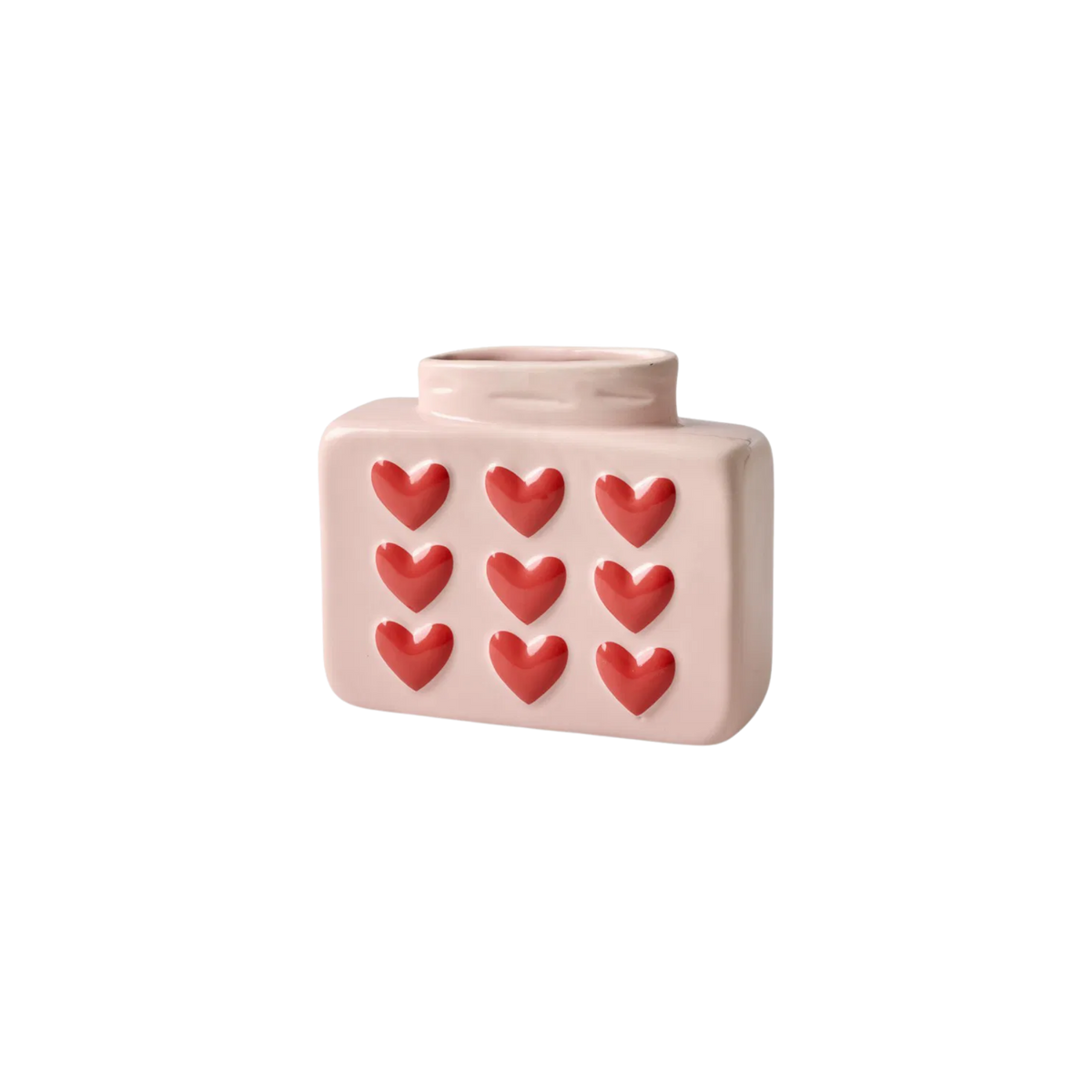 Light pink ceramic vase with embossed heart pattern, rounded top and square body