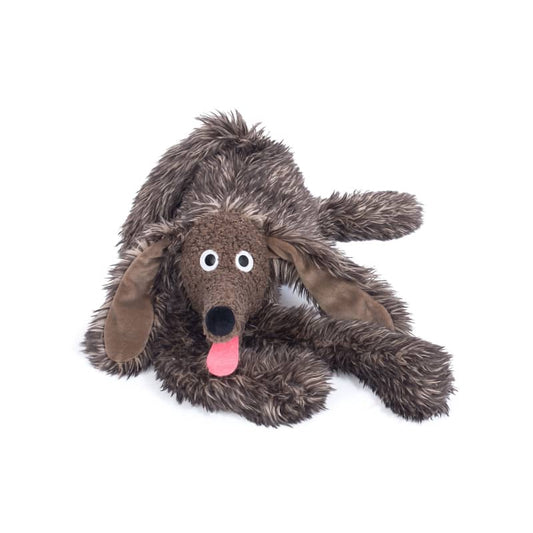 Large plush dog stuffed toy, dark brown shaggy fur, floppy ears, pink tongue, Moulin Roty
