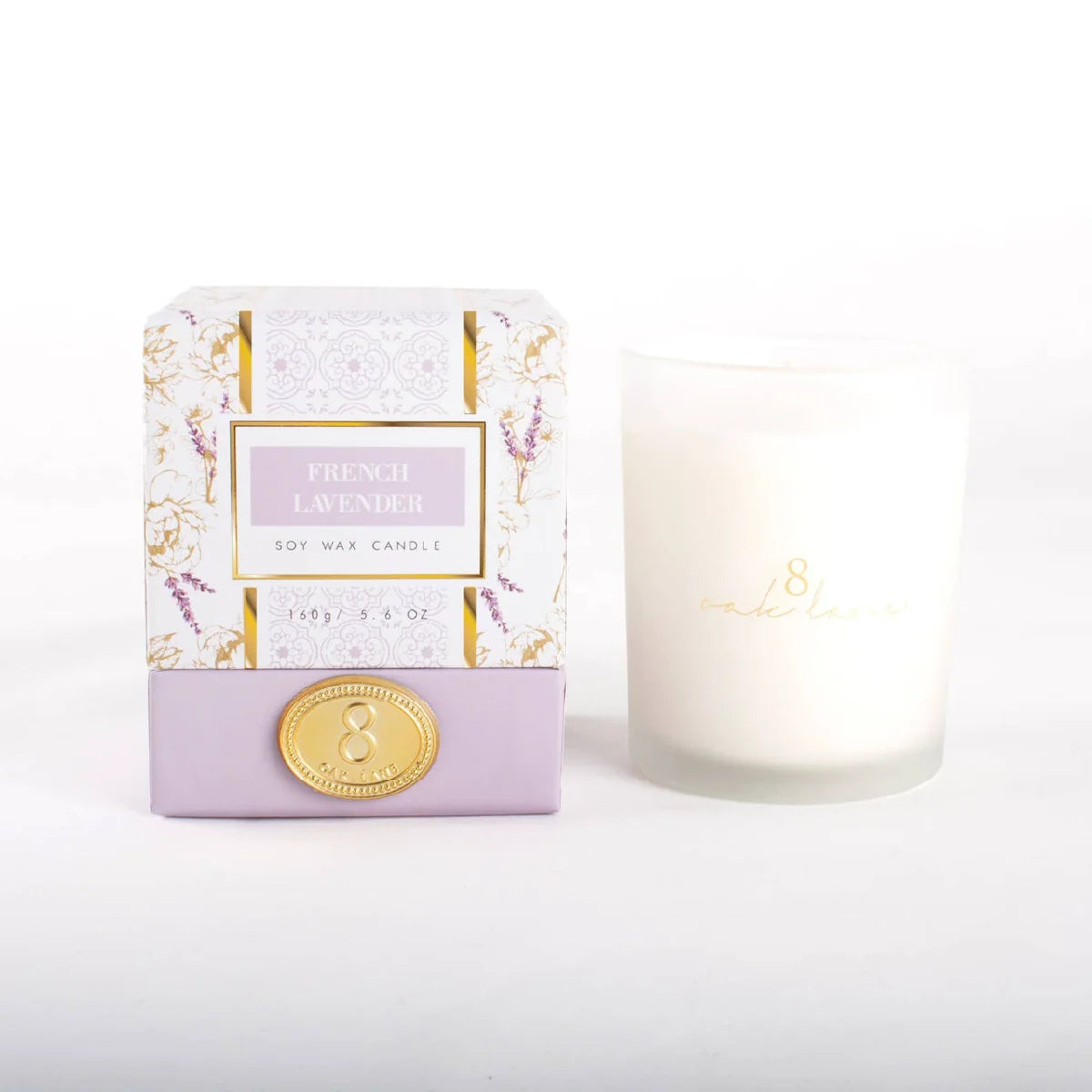 Boxed French lavender 5.6 oz candle with frosted glass jar and gold “8” seal
