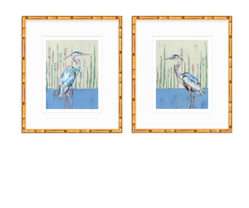 Blue heron art print in gold frame with white mat, two prints