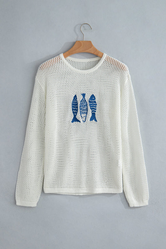 Fish Embroidered Crew Neck Crochet Knit Sweater