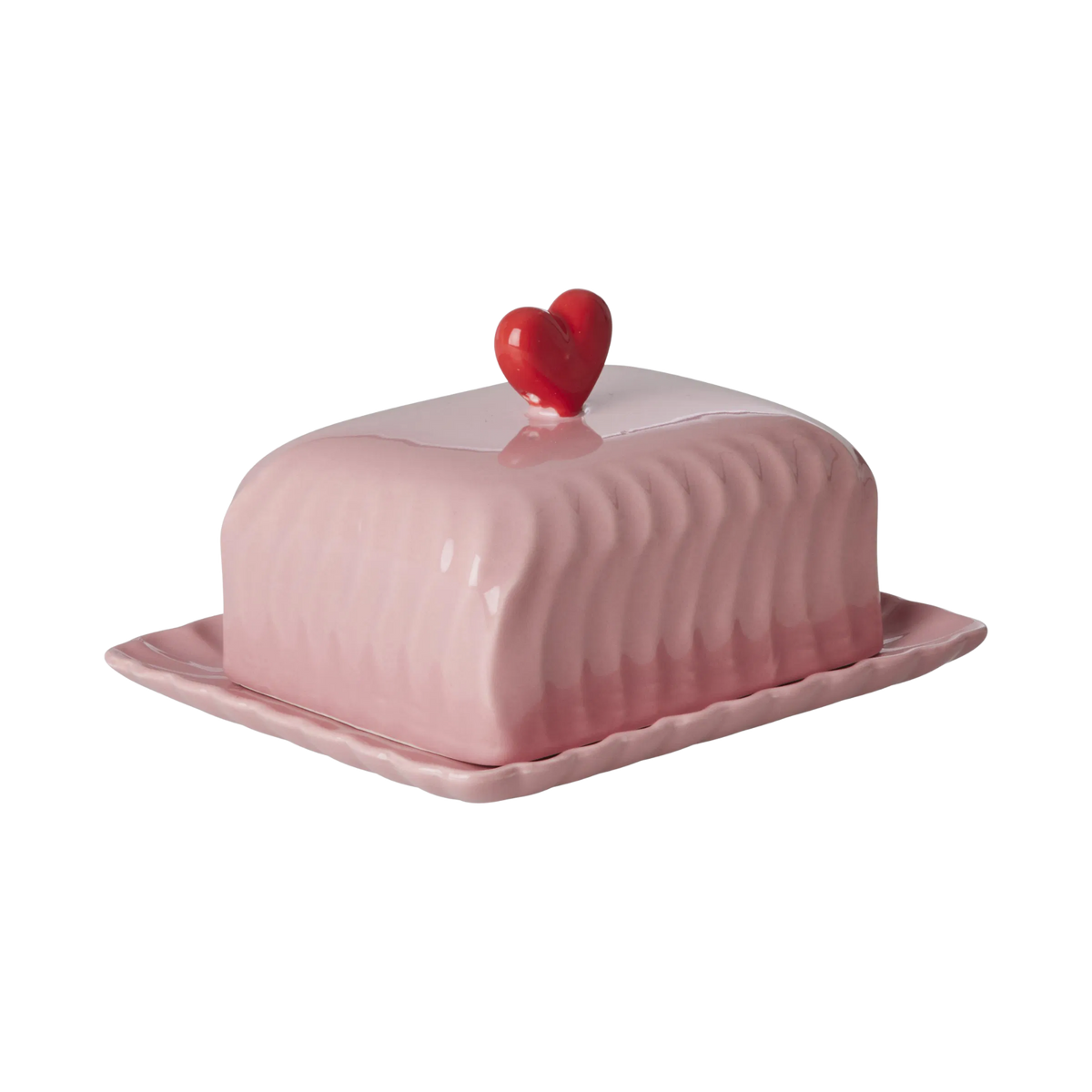 Pink ceramic butter dish with red heart finial and ridged dome lid