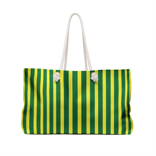 Green and yellow striped weekender tote bag with two white rope handles