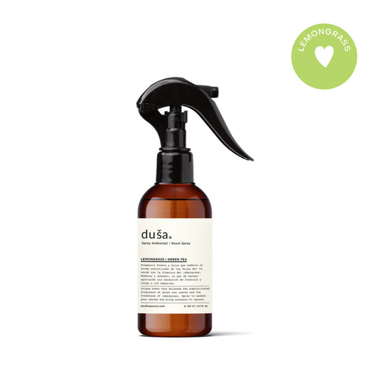 Amber room and linen spray bottle with black trigger sprayer, back label