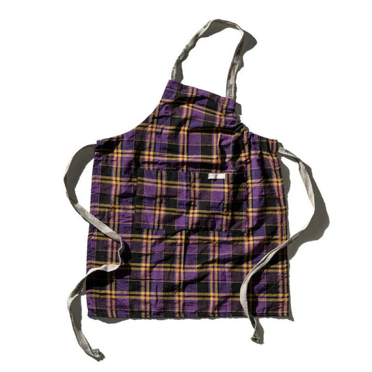 Purple plaid apron with adjustable neck strap and waist ties, yellow and black lines