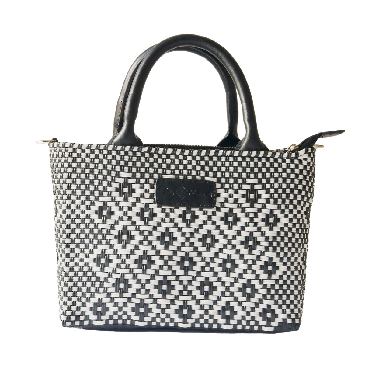 Small woven crossbody bag, black-and-white woven tote with black leather handles and logo patch.