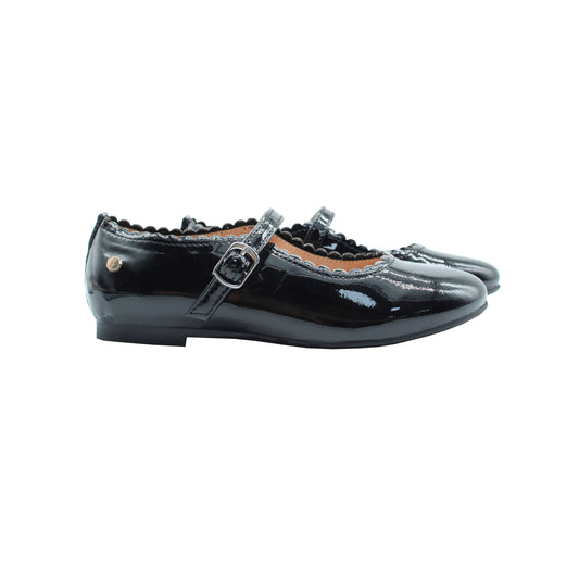 Black patent leather Mary Jane flats with side strap and glossy finish