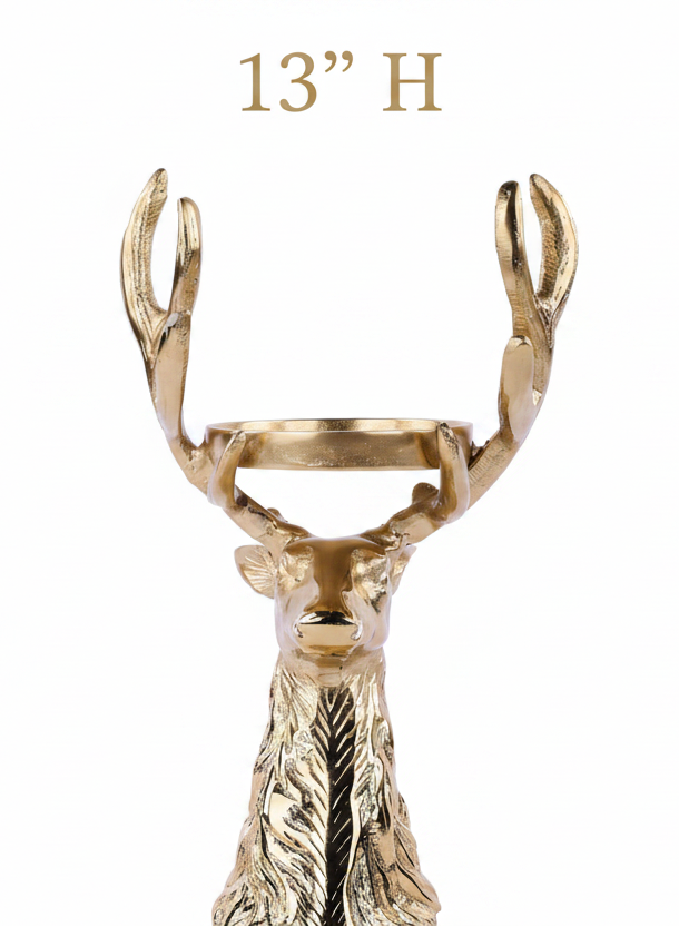 Gold-tone aluminum antler candleholder with raised candle dish, 13 inches tall